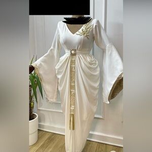 Elegant Ivory & Gold Embellished Kaftan Gown